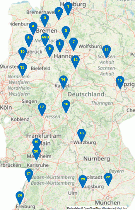 Vergrößern Praxis Wissen Fuhrpark -Karte mit Standorten, gekennzeichnet durch blaue Marker in Deutschland.